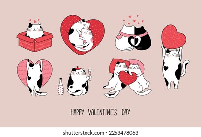 Hand drawn character romantic collection with cute cats for Valentine's Day and Love. Vector design concept. Outline illustration cartoon style.