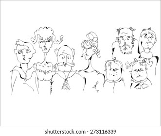 Hand drawn characters in black and white, concept of a family