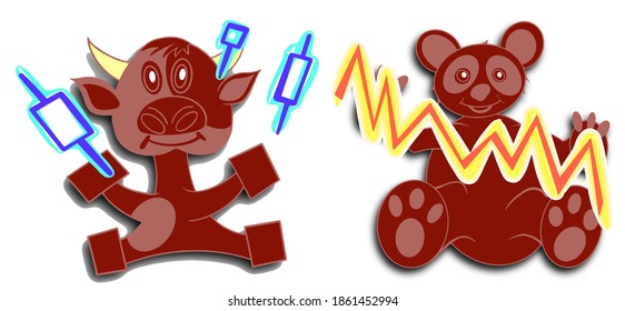 Hand drawn characters: bull juggles the candles and bear keeps the chart. EPS10 vector illustration isolated on white.