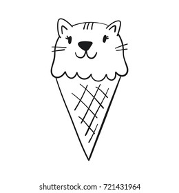 Hand drawn characters cat ice cream. Cartoon sticker