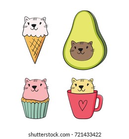 Hand drawn characters cat ice cream, coffee, cupcake, avocado. Cartoon sticker