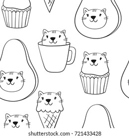 Hand drawn characters cat ice cream, coffee, cupcake, avocado. Cartoon sticker