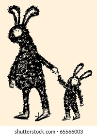 Hand drawn characters in rabbits fancy dress.
