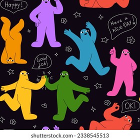 Hand drawn characters seamless pattern. Repeating design element for printing on fabric. Colorful emoticons. Back to 80s and 90s. Silhouettes of different colors. Cartoon flat vector illustration