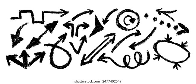 Hand drawn charcoal arrows set isolated on white background. Doodle vector ink illustration. Black arrows pointing in different directions. Grunge brush strokes.