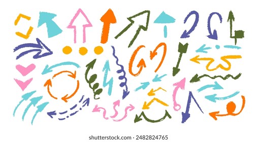 Hand drawn charcoal arrows set isolated on white background. Doodle vector ink illustration. Black arrows pointing in different directions. Grunge brush strokes.