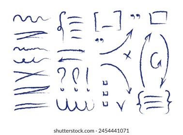 Hand drawn charcoal arrows vector set. Crayon scribble lines, swirls arrows, scrawls. Doodle blue marker or chalk drawing. Direction pointers.