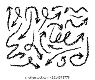 Hand drawn charcoal arrows vector set. Crayon scribble lines, swirls arrows, scrawls. Doodle black marker or chalk drawing on white chalkboard. Direction pointers.