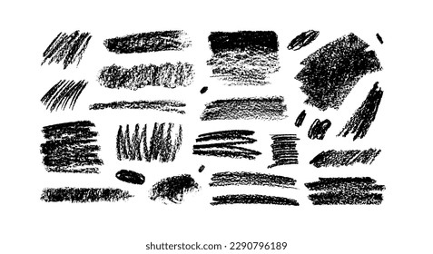 Hand drawn charcoal bold smears, crosshatch. Collection black childish drawing, pencil bold lines and shapes, charcoal smears. Vector grunge style drawing. Scrawls and scratches texture.