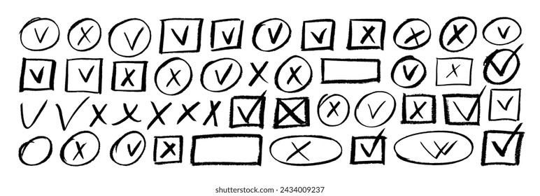 Hand drawn charcoal check marks and crosses in oval or square frames. Empty and filled boxes for answers in test, confirmation or negation crayon icons. Hand drawn vector check signs, doodle crosses.