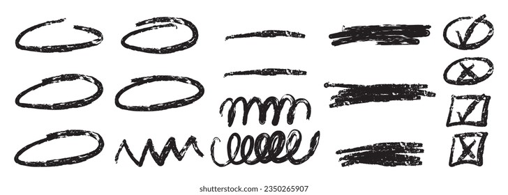 Hand drawn charcoal curved scribbled shapes, circles and check marks. Textured design elements.