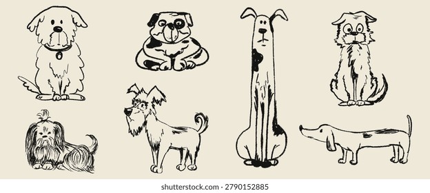 Hand Drawn Charcoal Cute Dogs and Puppies Clipart Set. Whimsical Chalk Pug Dachshund Terrier School Kids Doodle Elements Collection. Crayon Character Vector Illustration Isolated on Beige Background.