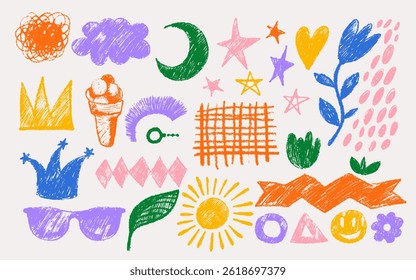 Hand drawn charcoal doodle shapes, squiggles in childish girly style set. Collection of template pencil colorful drawings. Vector flower, heart, grid doodle, crown, glasses, ice cream, stars, collage.