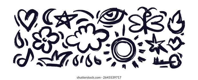 Hand drawn charcoal doodle shapes and squiggles. Crayon vector sign. Art childish graffiti style. Funky crown, key, stars, flower, heart doodle elements isolated on black for print and hip hop design