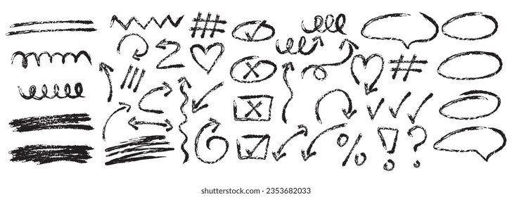 Hand drawn charcoal lines, arrows and scratched shapes. Pencil stroke elements. Scratchy strokes with jagged edges.