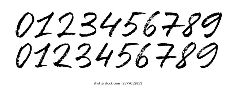Hand drawn charcoal numbers collection. Dirty textured vector digits. Handdrawn typography elements. Childish style number drawn with charcoal or pencil. Black ink characters isolated on white.