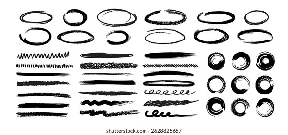 Hand drawn charcoal ovals, underlines, and strikethroughs set. Vector rough crayon and brush strokes, sketchy marker lines, and doodle style ellipses for highlighting text and adding emphasis.