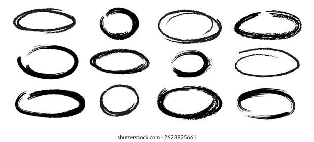 Hand drawn charcoal ovals, underlines, and strikethroughs set. Vector rough crayon and brush strokes, sketchy marker lines, and doodle style ellipses for highlighting text and adding emphasis.