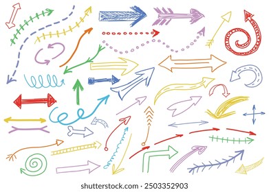 Hand drawn charcoal pencil arrows mega set elements in flat graphic design. Bundle objects of colorful brush drawn pointers, scribble cursors, scratch sketch of motion markers. Vector illustration.