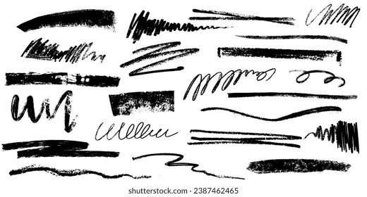 Hand drawn charcoal pencil lines, smears and squiggles set. Scribble black strokes, curly scribbles. Grungy graphite pen art brushes, textured doodle freehand chalk drawing line stripes and waves.