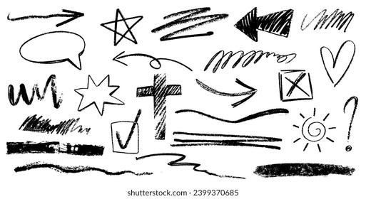 Hand drawn charcoal pencil rough line, symbol or scribble set. Different squiggles, black strokes, stars, wavy lines, arrow, crosses and check marks grunge drawing. Freehand chalk stripes and waves.