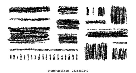 Garabatos dibujados a mano a lápiz de carbón. Elementos a mano alzada de línea negra, manchas de trazo, dibujos de boceto de doodle con textura áspera, conjunto de Ilustraciones vectoriales aisladas sobre fondo blanco