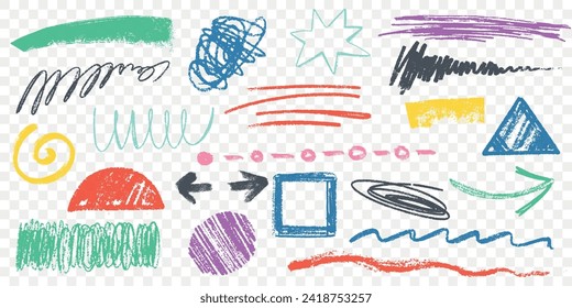 Hand drawn charcoal pencil squiggles, wavy lines and shapes. Color rough crayon strokes, arrows and curly scribbles collection. Freehand chalk smear, marker stripes and circles. Childish drawing set.