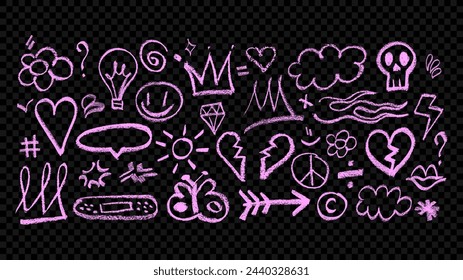 Hand drawn charcoal stickers of various forms of child's doodles and scribbles with chalk or marker texture in a girly style. Big set of crayon doodles, sketchy shapes. Butterfly, cloud, crown, heart.