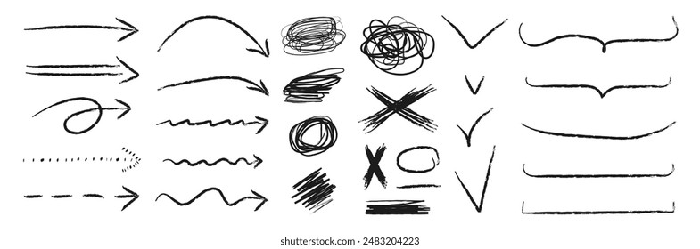 Handgezeichnete Holzkohle Textur Design-Elemente. Schwarzer Doodle isolierter Pfeil, Kreuze, mathematische Markierungen, Markierungen, Durchstreichen, Unterstreichen, gerade, gewellt, umrissene Linien, Klammern, Kritzel.