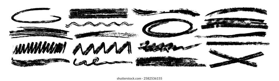 Hand drawn charcoal texture strikethrough, chalk pencil underlines, scribbles, grunge smears, brush strokes. Set of black crayon emphasis lines, squiggles, oval highlight. Doodle handwritten elements.