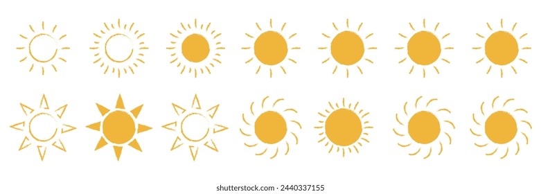 Hand drawn charcoal yellow sunset collection. Vector illustration isolated on transparent.