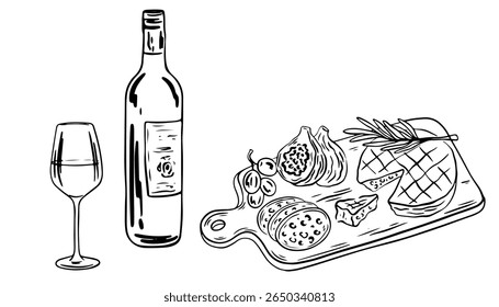 Hand drawn charcuterie and wine. Antipasto appetizer menu, charcuterie, cheese plate, wine. Chalk charcoal style drawing for poster, placard, print. La Dolce vita lifestyle Vector illustrations.