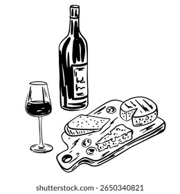 Hand drawn charcuterie and wine. Antipasto appetizer menu, charcuterie, cheese plate, wine. Chalk charcoal style drawing for poster, placard, print. La Dolce vita lifestyle Vector illustrations.