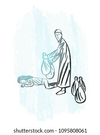 Hand drawn charity, donate, poor people, muslim, grunge background