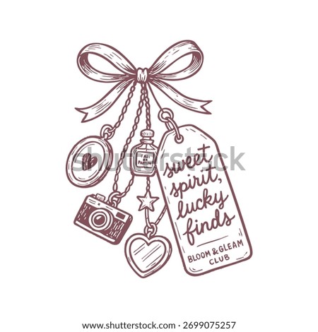 Hand drawn charm pendant includes camera, perfume, heart and tag with text sweet spirit, lucky finds. Use this vector isolated on transparent background for fashion, design, souvenir or gift.