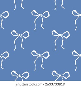 Hand drawn charming bows pattern. Cute ribbon bow drawing. Whimsical vector on blue background. Coquette style illustration. Rococo print for fabric, wrapping paper, textile