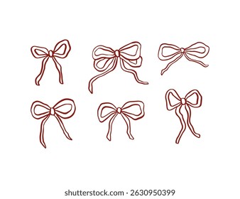 Conjunto de vetor de arcos de fita encantador desenhado à mão. Ilustração do estilo de coquete. Bonito esboçado desenho de arco vermelho. Doodle coleção caprichosa para presente, cartão, decoração de casamento