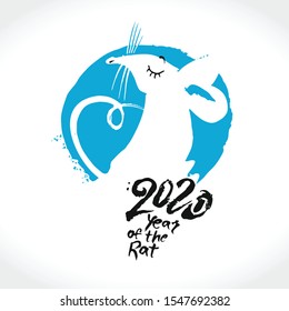 Hand drawn charming white rat dreams. Stylish imprint illustration Rat 2020. Handwritten template dry brush painted rat 2020. Year of the rat in the Chinese calendar. 
