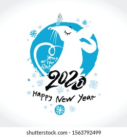 Hand drawn charming white rat and beautiful snowflakes. Happy New Year. Stylish imprint illustration Rat 2020. Handwritten template dry brush painted rat 2020. Year of the rat in the Chinese calendar.