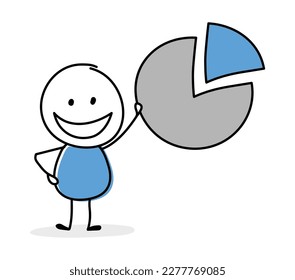 Hand drawn chart pie symbol. Funny concept with a stickman holding icon. Cartoon style design. Vector illustration