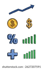 hand drawn chart symbol icons, percent, arrow direction, and dollar