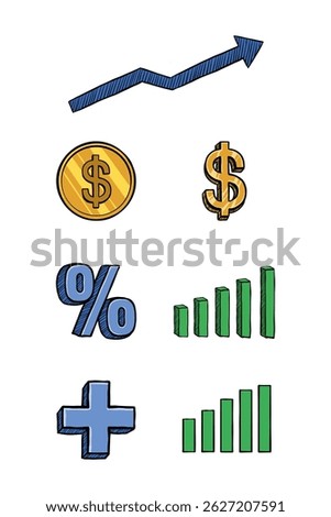 hand drawn chart symbol icons, percent, arrow direction, and dollar