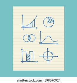 Hand drawn charts and graphs on line pattern paper, flat editable vector illustration, clip art