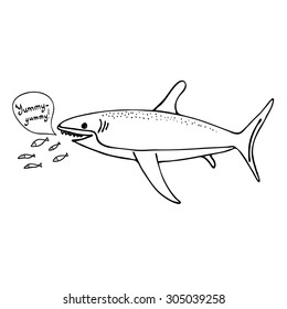 Hand drawn chasing cartoon shark with big theeth, humour sketch about underwater sealife, deep ocean dangerous fish says "Yummy" and attacks little ones, comic vector illustration