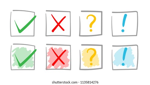 Hand drawn check box. Set of color check marks. Attention mark,  tick,  submit, no, question mark. Web design. Check list elements 