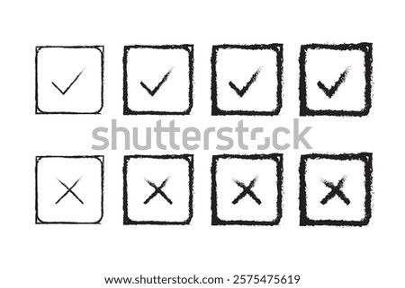 Hand drawn check and cross icons set on a white background.