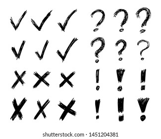Hand drawn check, cross, question mark and exclamation mark symbols. Set of twenty four black sketch symbols. Vector illustration
