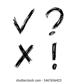 Hand drawn check, cross, question mark and exclamation mark symbols. Set of four black sketch symbols. Vector illustration 