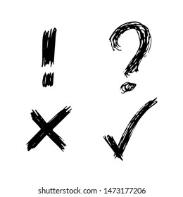 Hand drawn check, cross, question mark and exclamation mark symbols. Set of four black sketch symbols. Vector illustration 