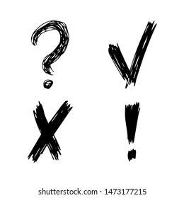 Hand drawn check, cross, question mark and exclamation mark symbols. Set of four black sketch symbols. Vector illustration 